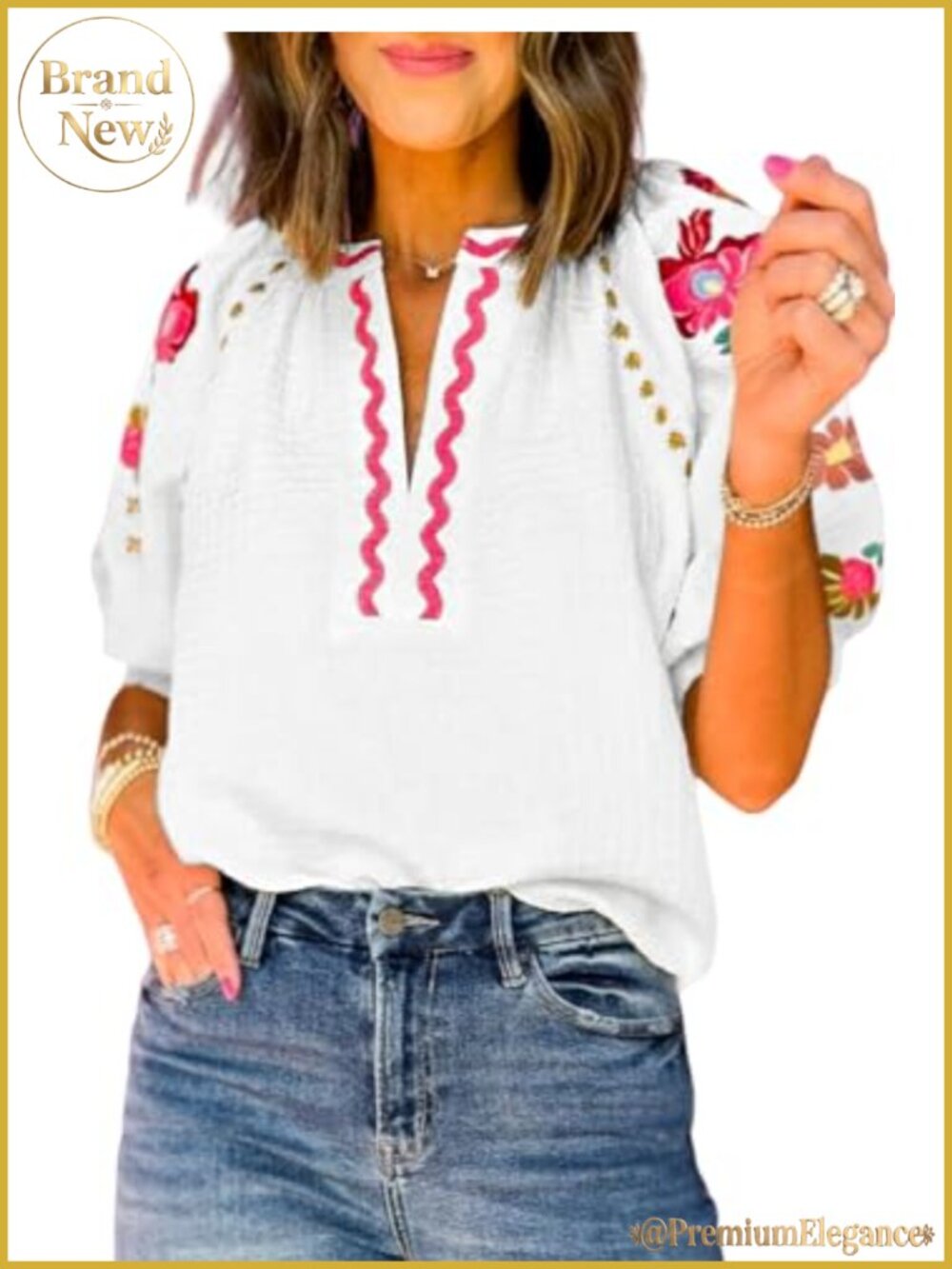 Ecosunny Women's V Neck Puff Short Sleeve Floral Embroidered Tunic Blouse